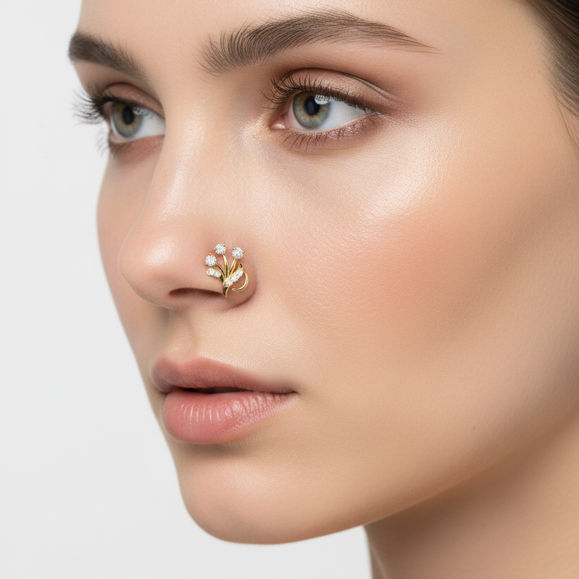 Female model wearing diamond floral spray nose pin