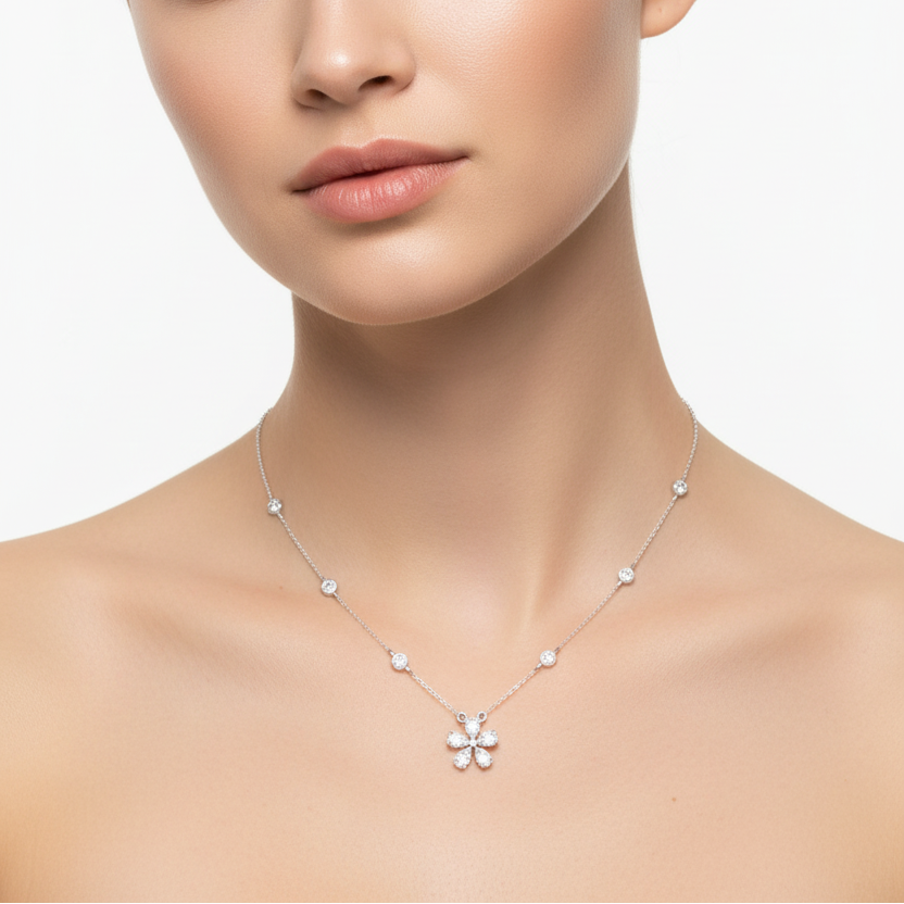 Female model wearing diamond flower necklace with diamonds by the yard
