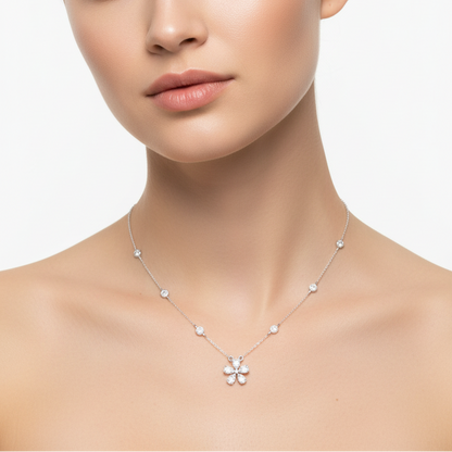 Female model wearing diamond flower necklace with diamonds by the yard
