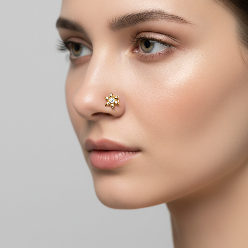 Female model wearing diamond flower nose pin