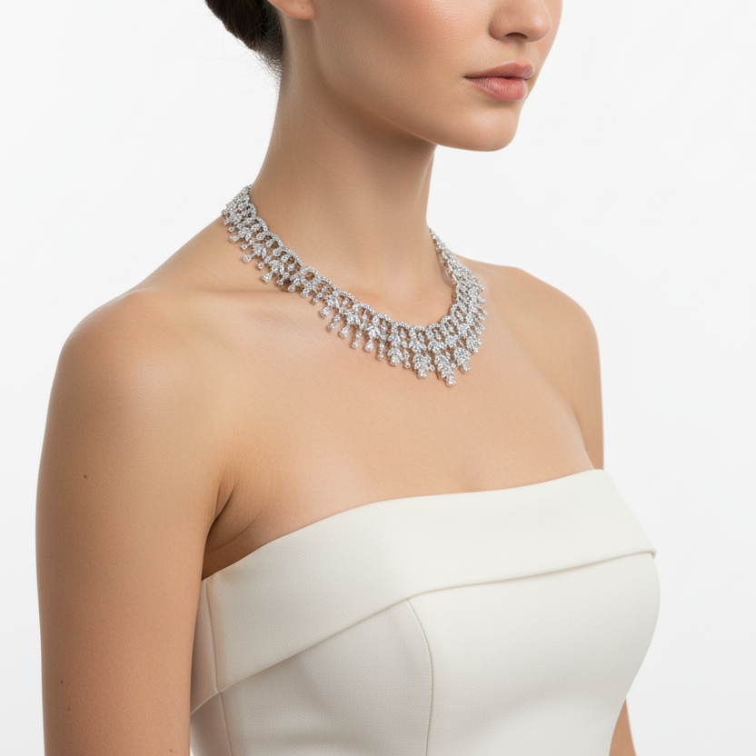 Female model wearing diamond fringe necklace