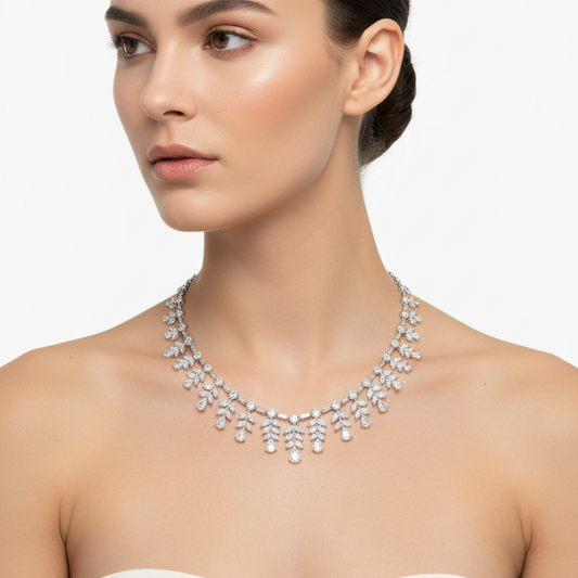 Female model wearing diamond fringe necklace