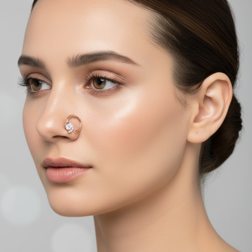 Female model wearing diamond halo nose pin