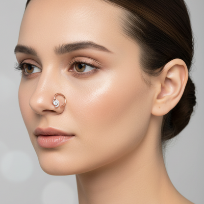 Female model wearing diamond halo nose pin