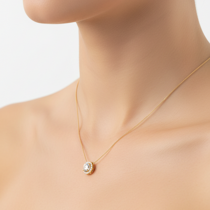 Female model wearing diamond halo pendant necklace