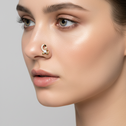Female model wearing diamond hoop nose pin