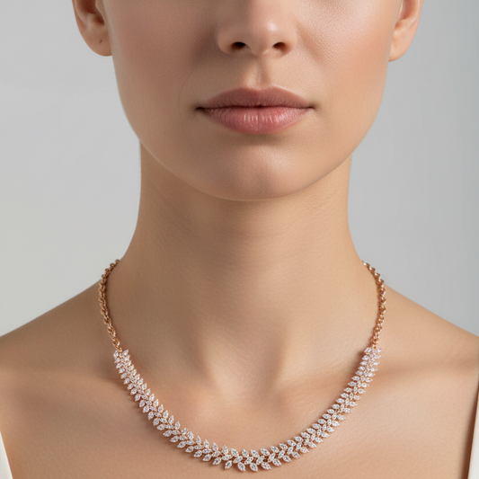 Female model wearing diamond leaf necklace