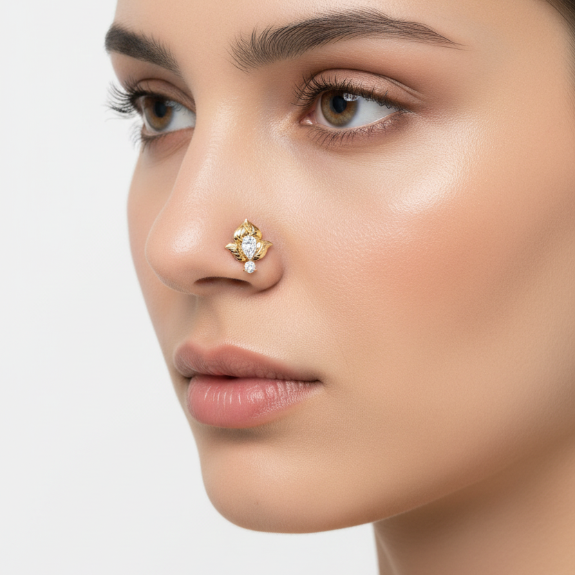Female model wearing diamond lotus nose pin