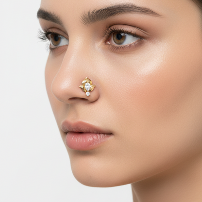 Female model wearing diamond lotus nose pin
