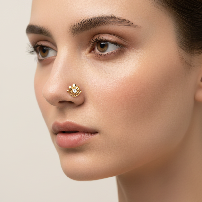 Female model wearing diamond lotus nose pin