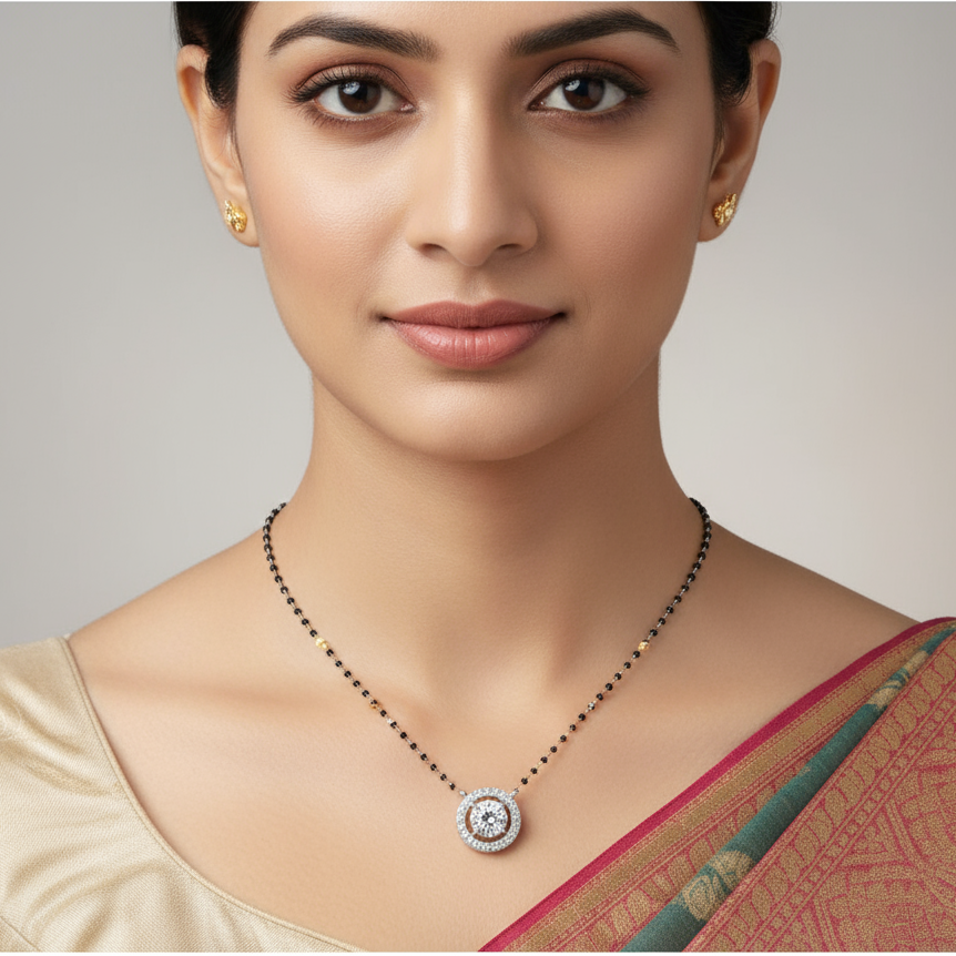 Female model wearing diamond mangalsutra pendant