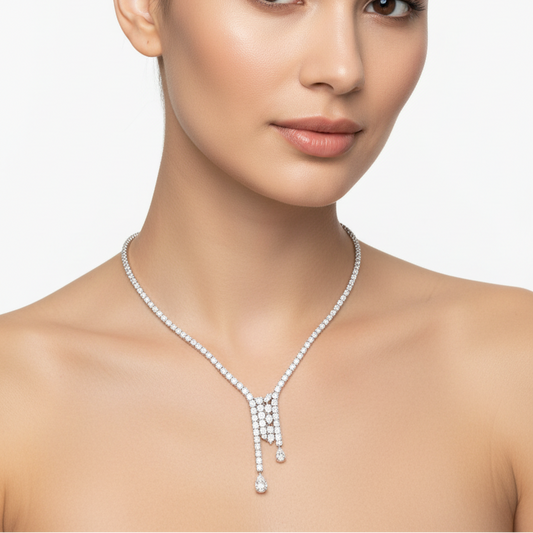 Female model wearing diamond necklace