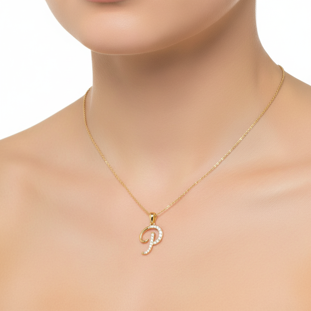 Female Model Wearing Diamond "P" Initial Pendant Small Size