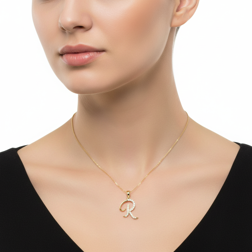 Female Model Wearing Diamond "R" Initial Pendant Small Size