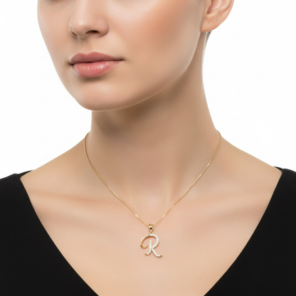 Female Model Wearing Diamond "R" Initial Pendant Small Size