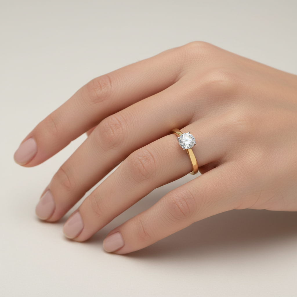 Female model wearing diamond solitaire ring
