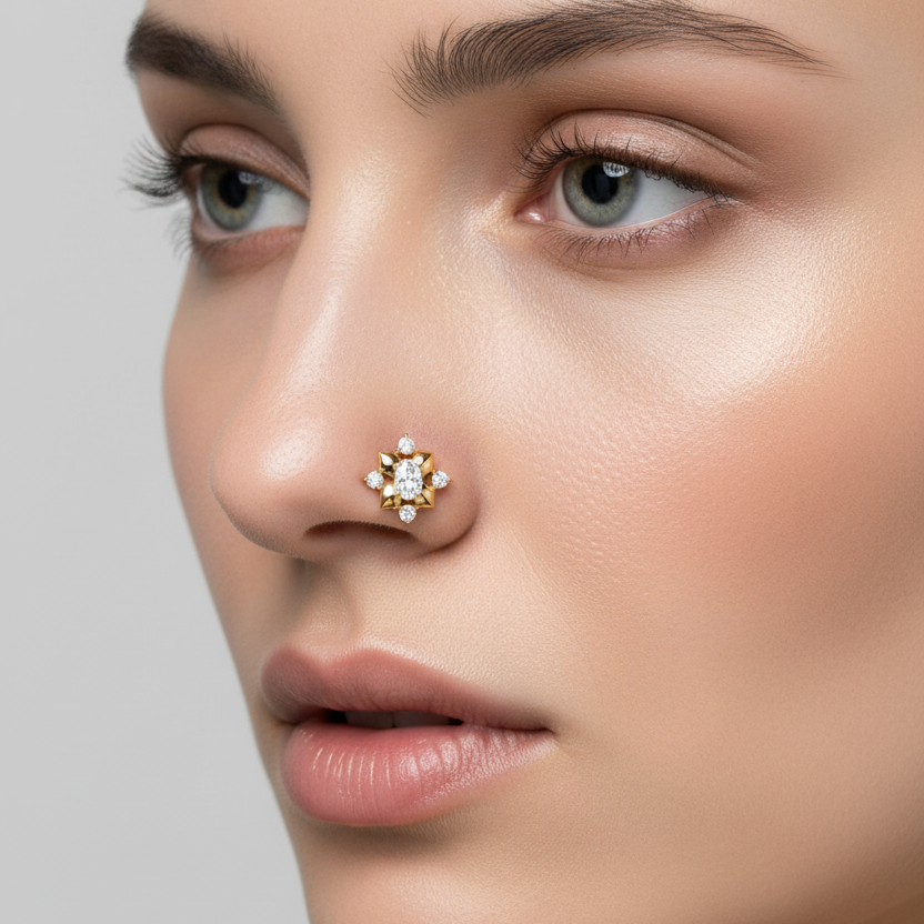 Female model wearing diamond starburst nose pin