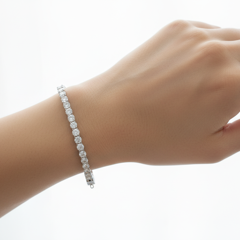Female model wearing diamond tennis bracelet