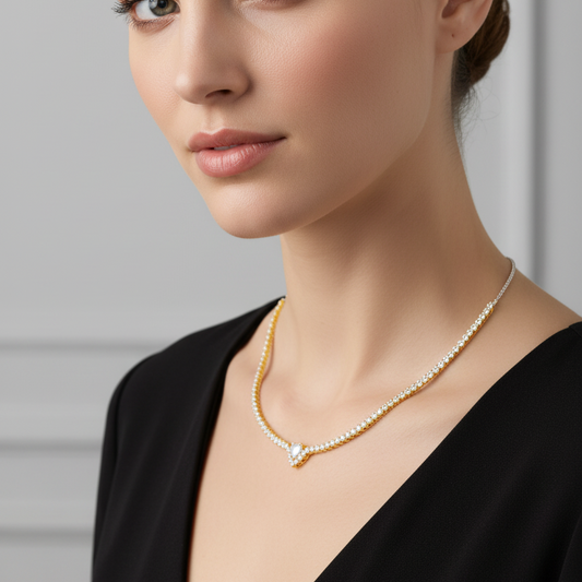 Female model wearing diamond tennis necklace