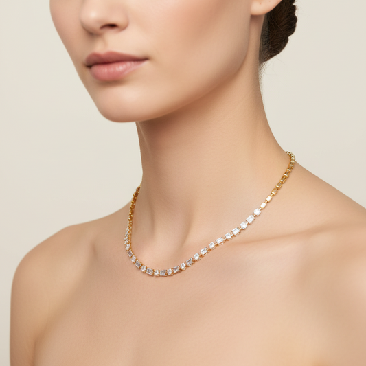 Female model wearing diamond tennis necklace