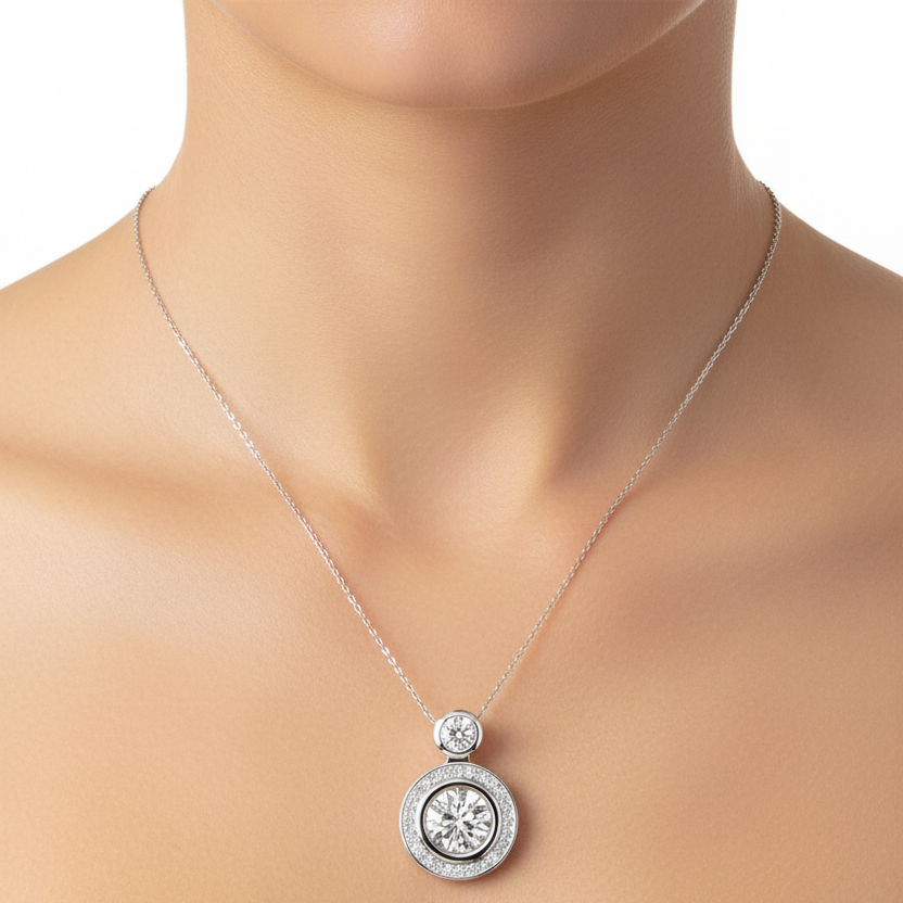 Female model wearing double diamond halo pendant