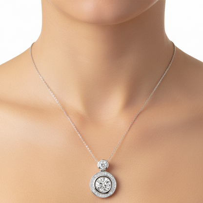 Female model wearing double diamond halo pendant