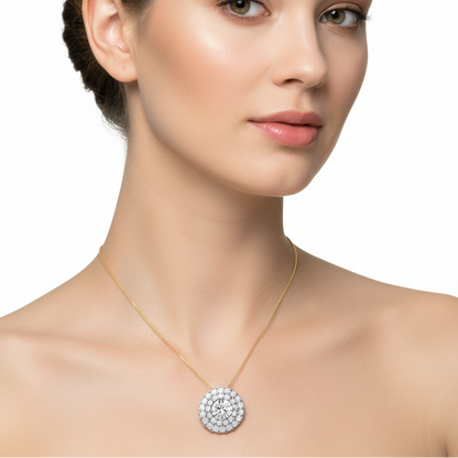 Female model wearing double halo diamond pendant