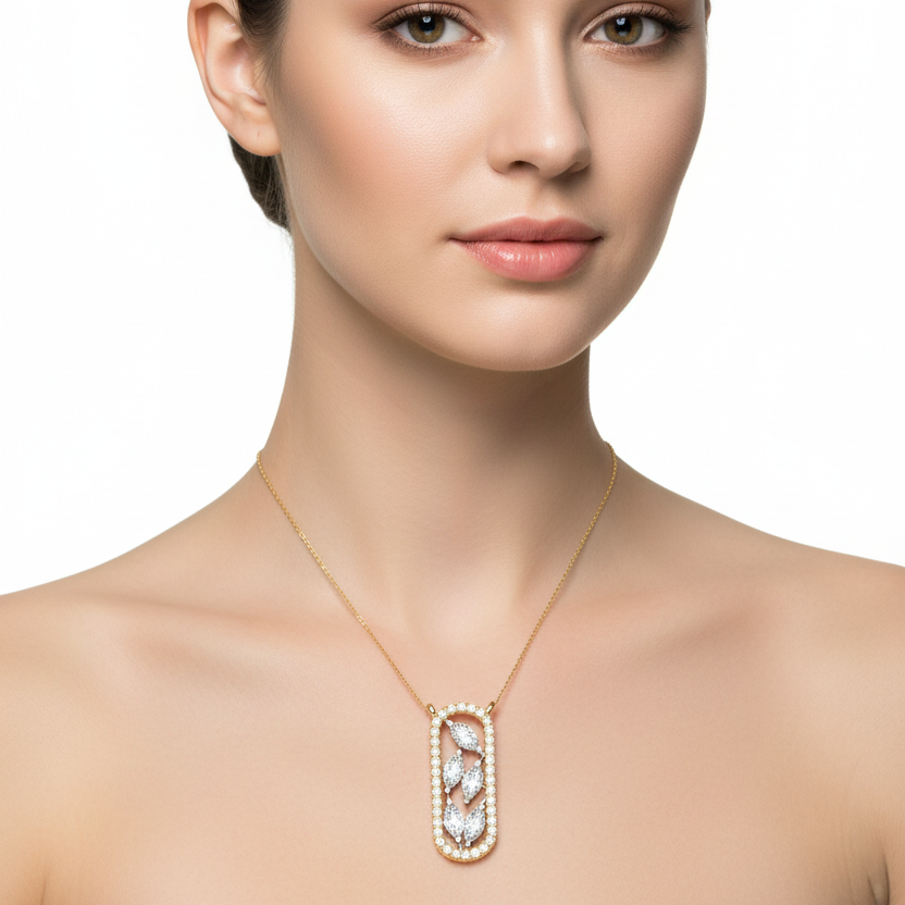 Female model wearing elongated marquise diamond pendant