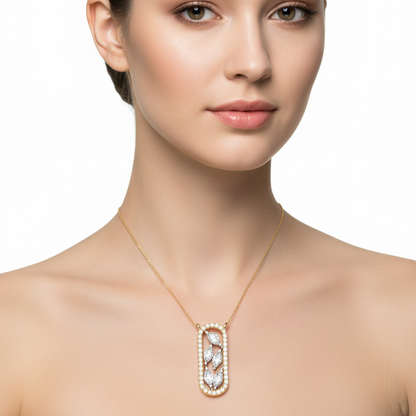 Female model wearing elongated marquise diamond pendant