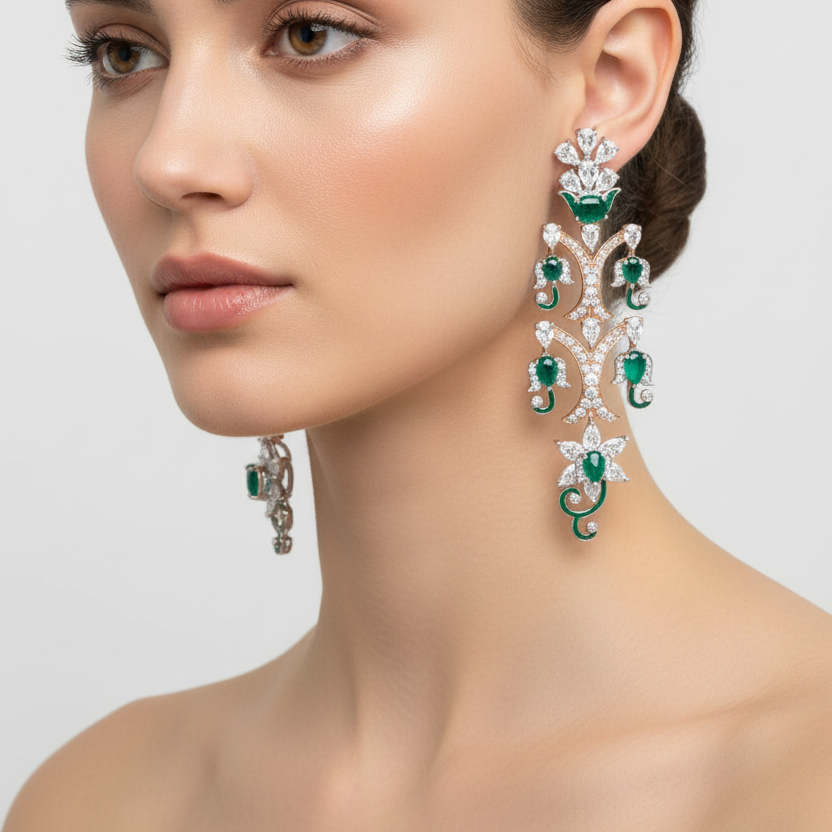 Female model wearing emerald and diamond botanical chandelier earrings