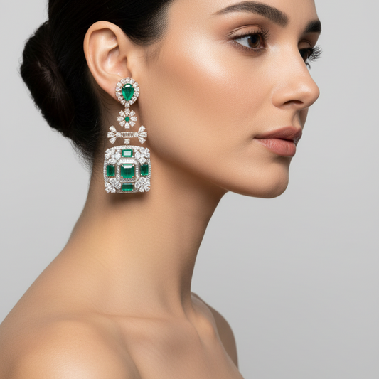 Female model wearing emerald and diamond chandelier earrings