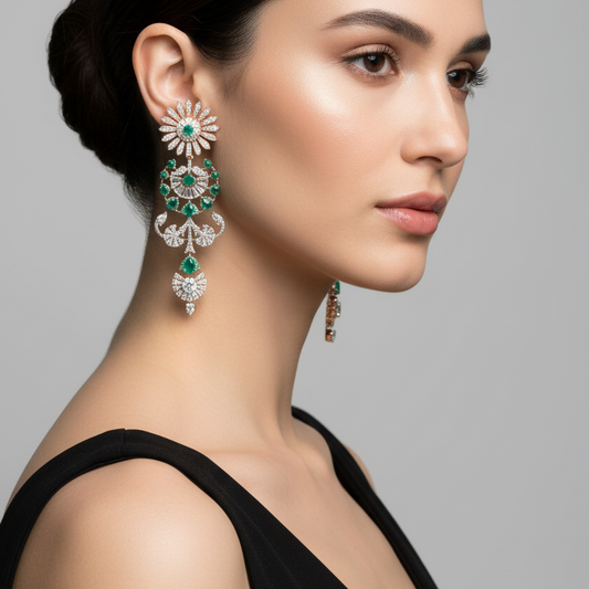 Female model wearing emerald and diamond chandelier earrings