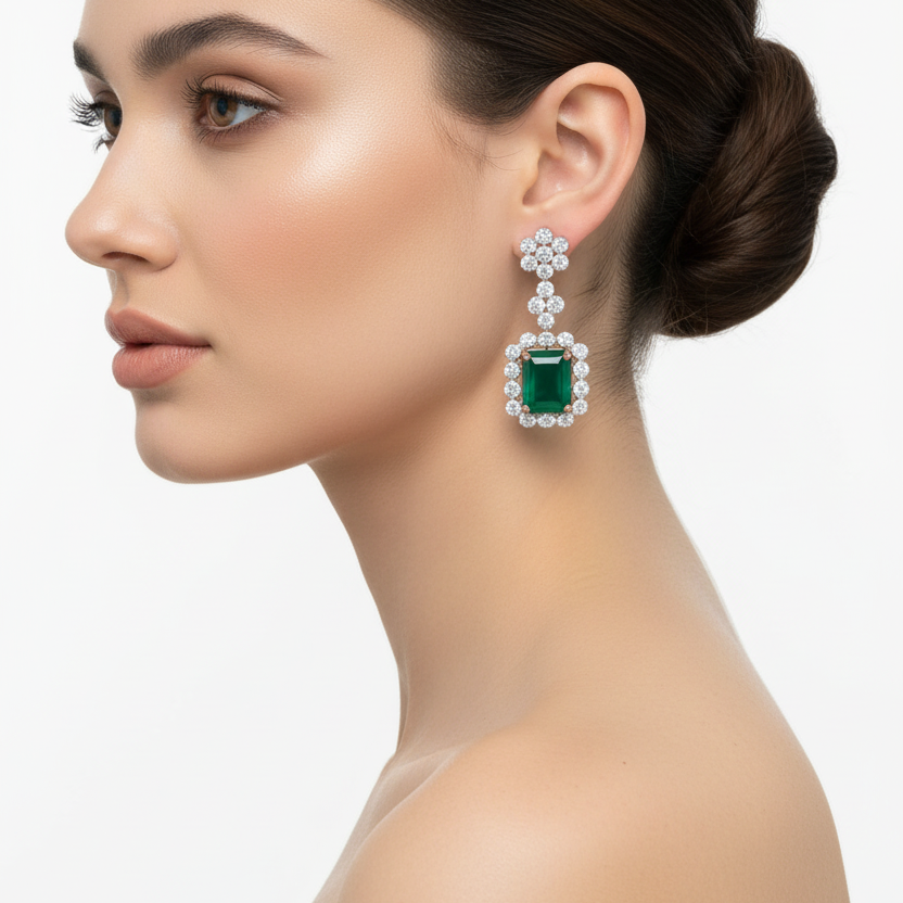 Female model wearing emerald and diamond earrings