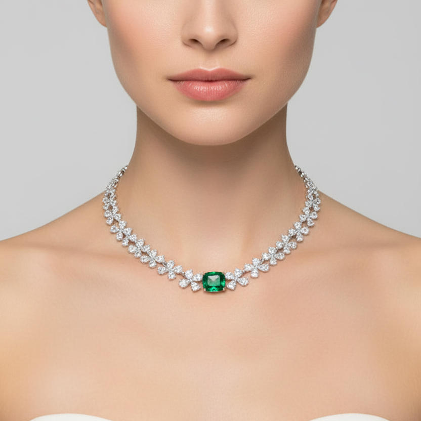 Female model wearing emerald and diamond flower necklace