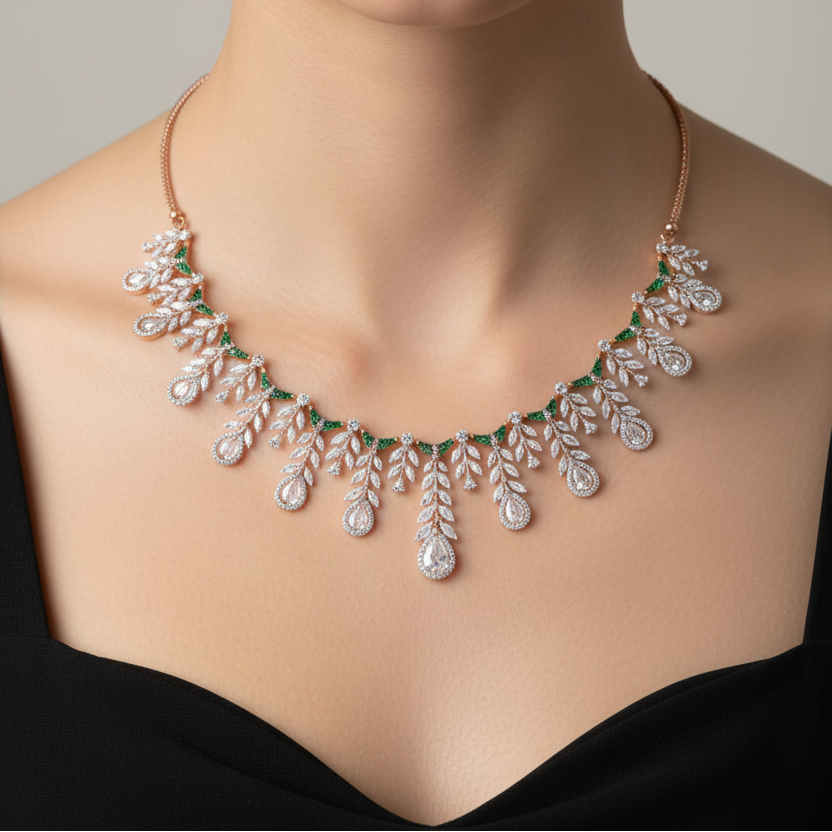 Female model wearing emerald and diamond fringe necklace