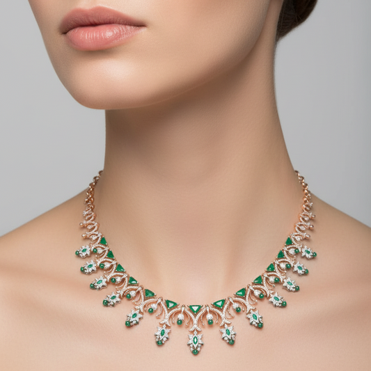 Female model wearing emerald and diamond fringe necklace