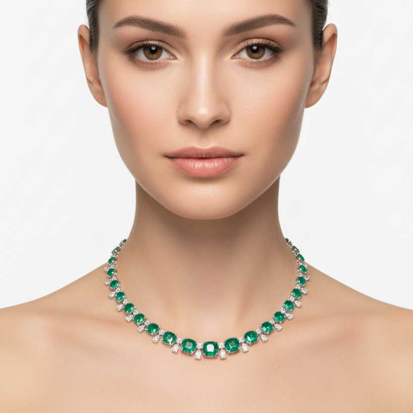 Female model wearing emerald and diamond graduated necklace