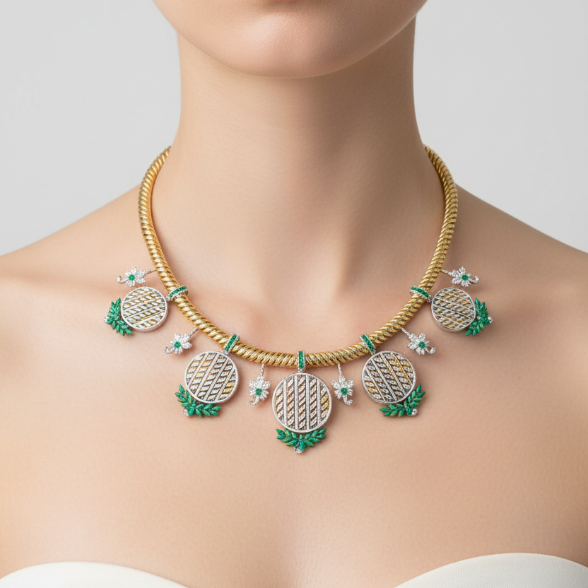 Female model wearing emerald and diamond medallion necklace