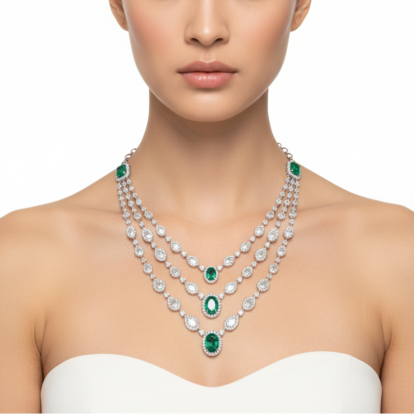 Female model wearing emerald and diamond multi-strand necklace