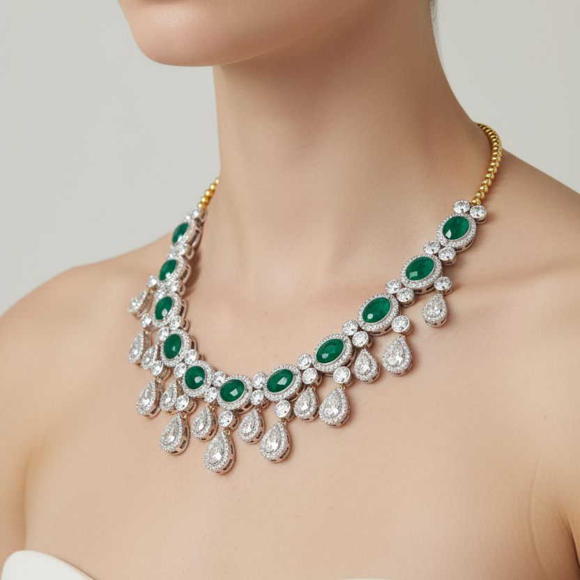 Female model wearing emerald and diamond necklace