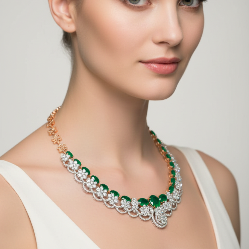 Female model wearing emerald and diamond necklace