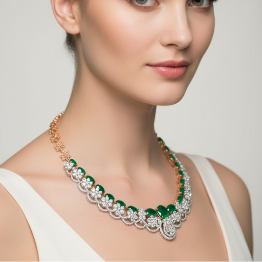 Female model wearing emerald and diamond necklace