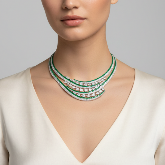 Female model wearing emerald and diamond necklace