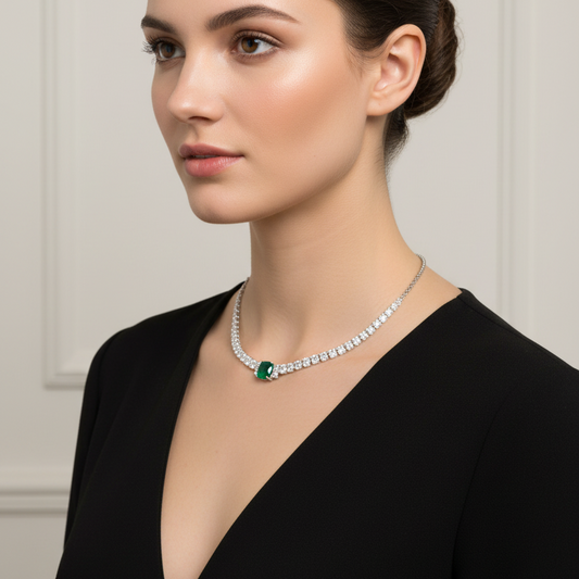 Female model wearing emerald and diamond necklace