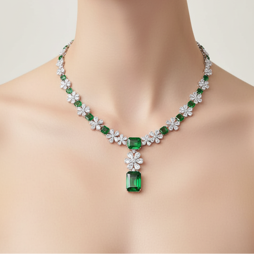 Female model wearing emerald and diamond necklace