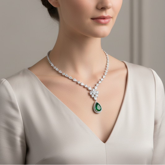 Female model wearing emerald and diamond necklace
