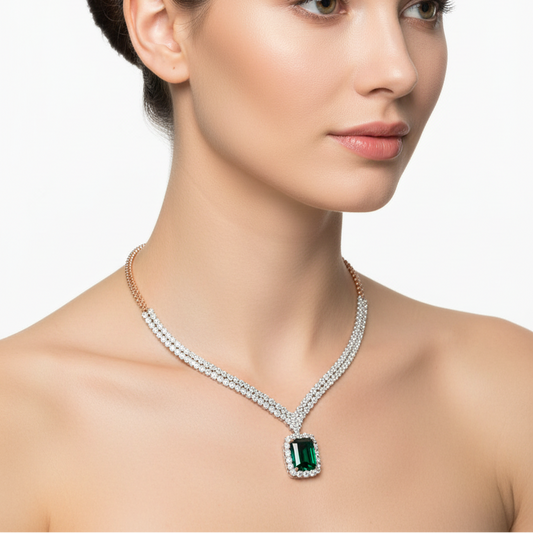 Female model wearing emerald and diamond necklace