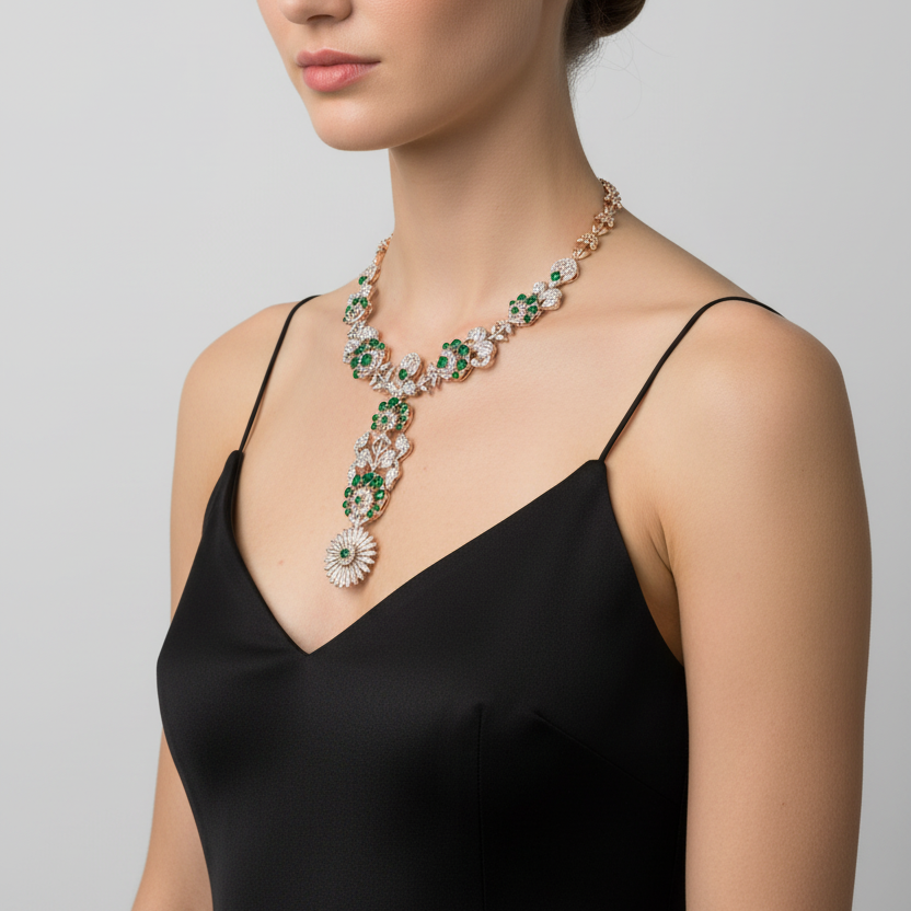 Female model wearing emerald and diamond necklace