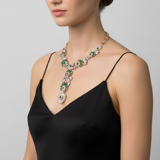 Female model wearing emerald and diamond necklace