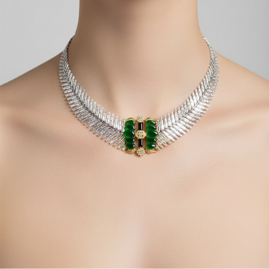 Female model wearing emerald and diamond statement necklace